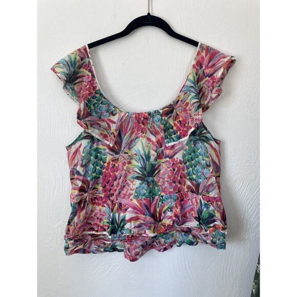 J Crew Tropical Floral Multicolor Top Blouse 10 Ruffles Flutter Sleeve Neck Tie - Picture 6 of 7